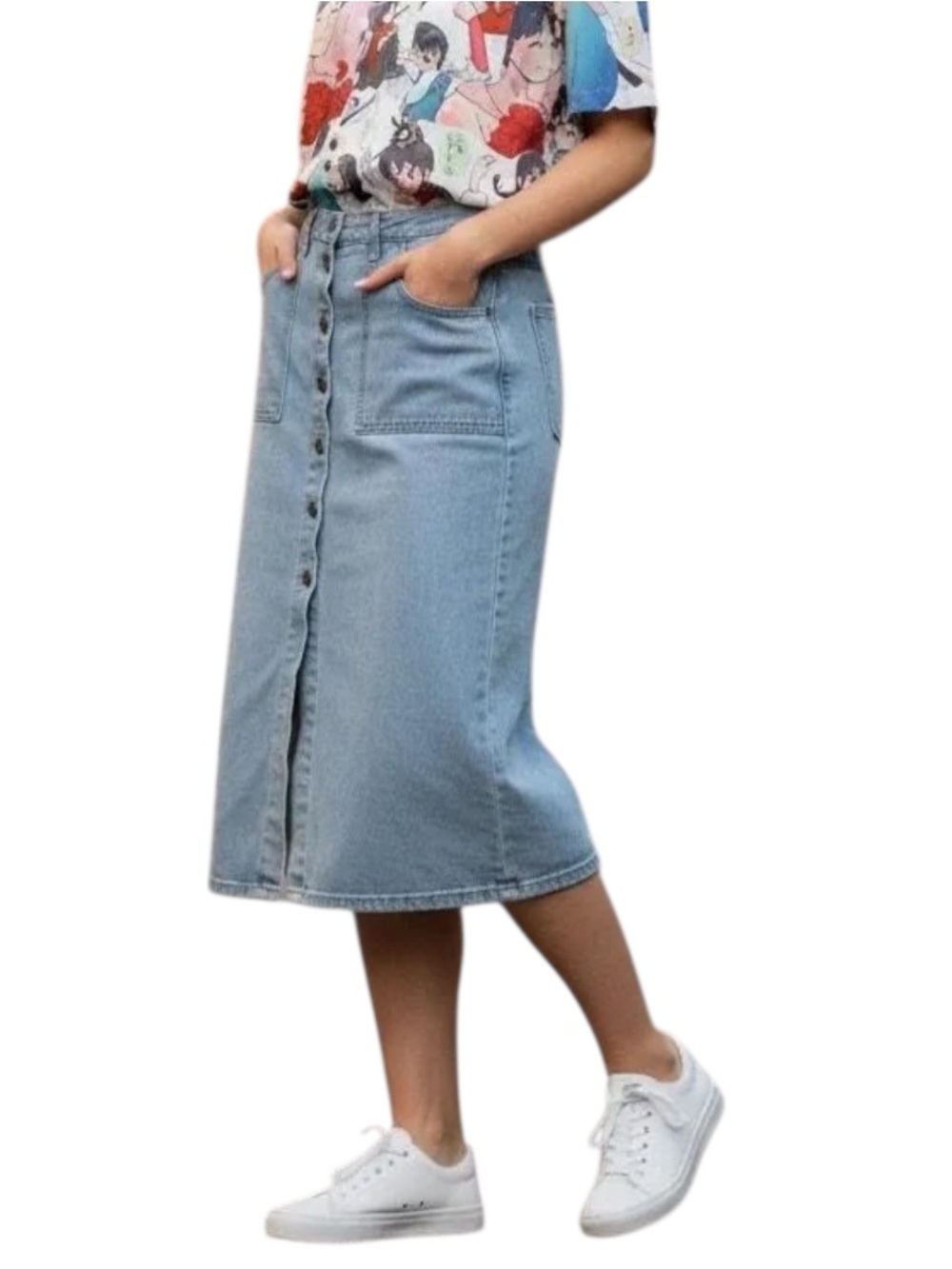 Happily Grey Light Wash 4 Pocket Denim Button-Front Midi Skirt Junior Size 13/30